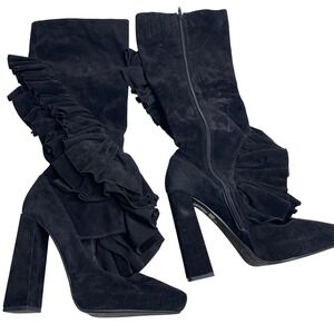 Jeffrey Campbell Black Suede Ruffle Knee Boots